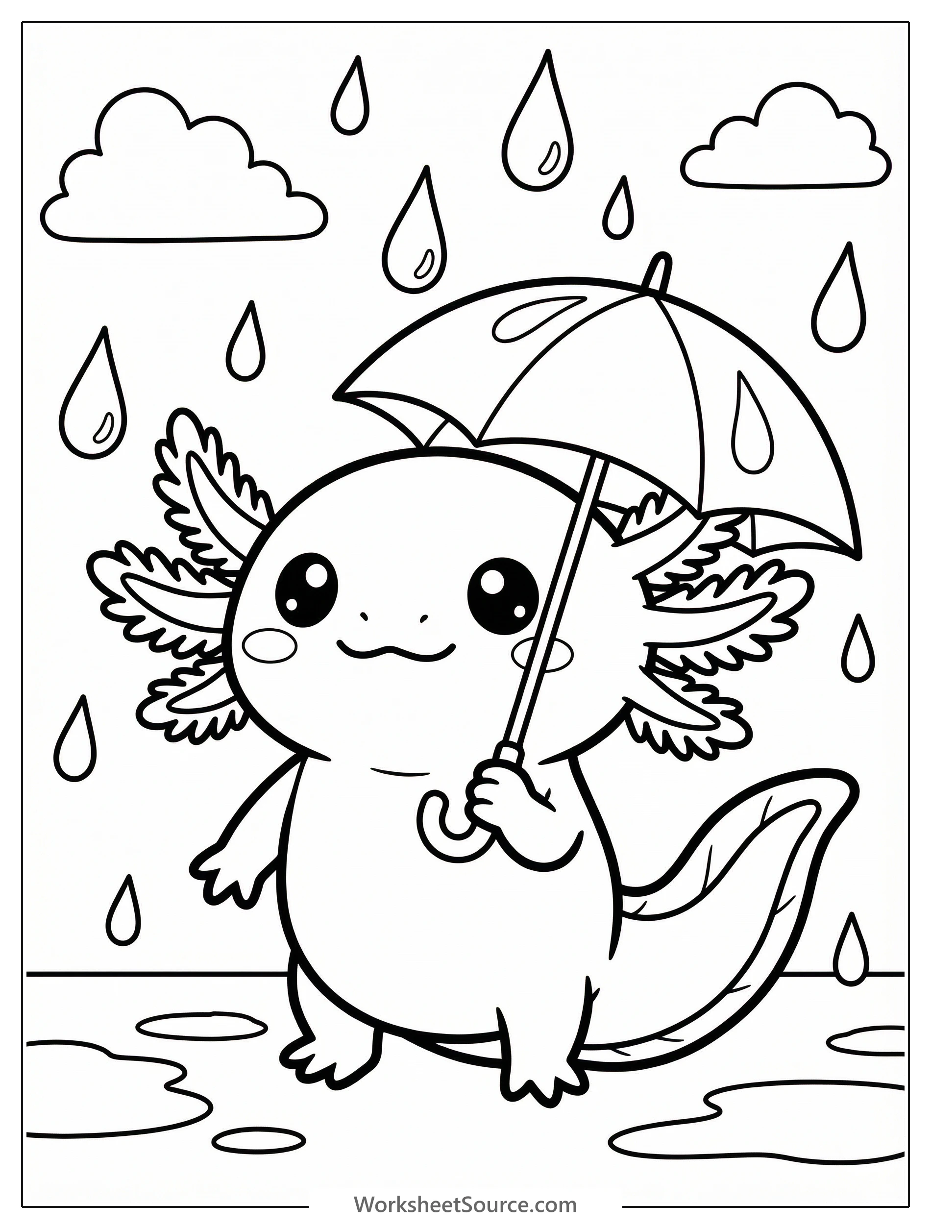 A charming cartoon axolotl, light pink with feathery gills, holds a tiny red umbrella under gently falling blue raindrops on a blank coloring page.