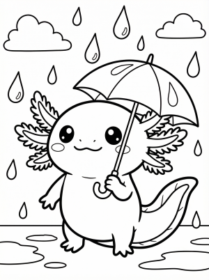 A charming cartoon axolotl, light pink with feathery gills, holds a tiny red umbrella under gently falling blue raindrops on a blank coloring page.