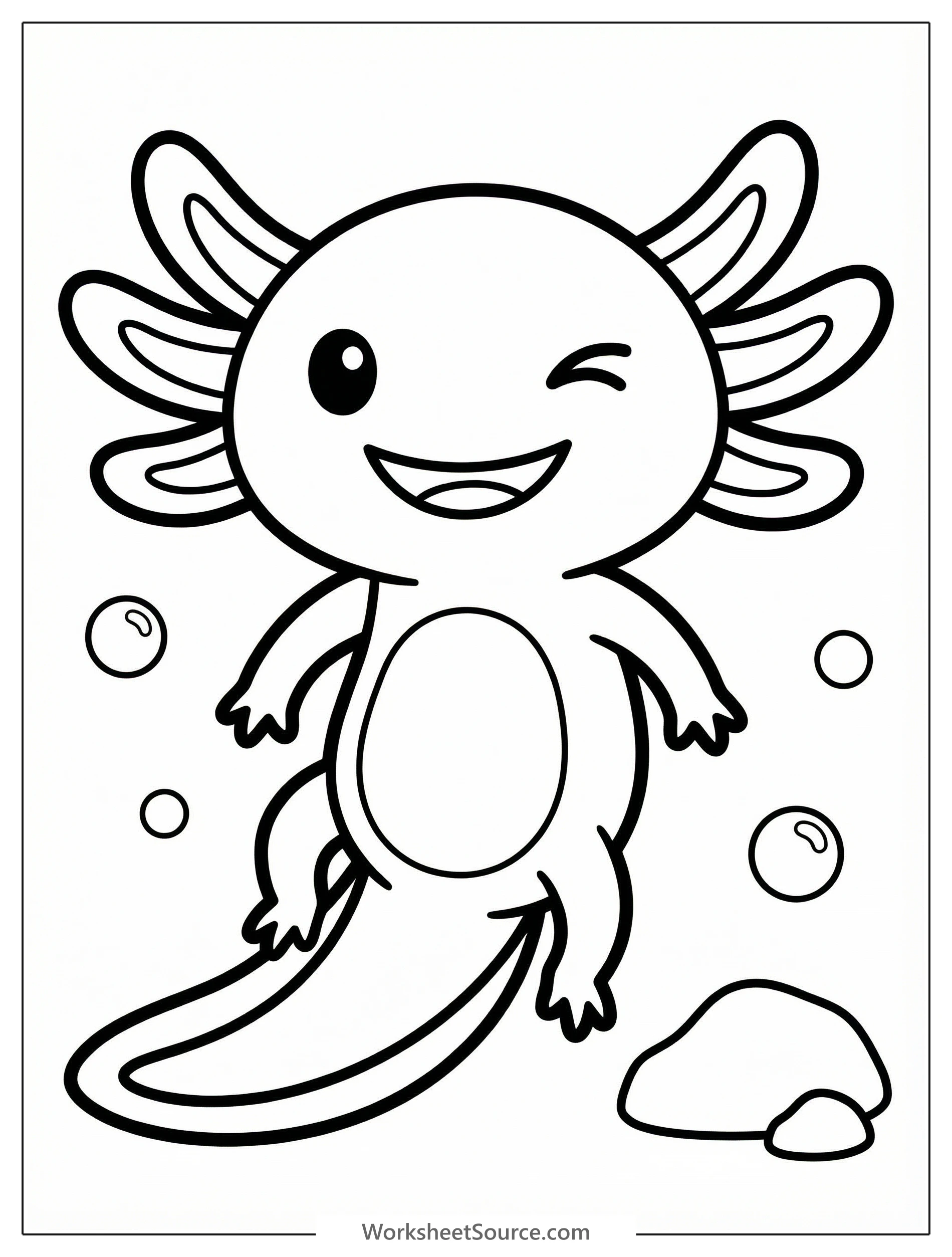 Outline drawing of a cute, friendly axolotl with a big smile, winking with one eye, ready to be colored. Its feathery gills are visible.