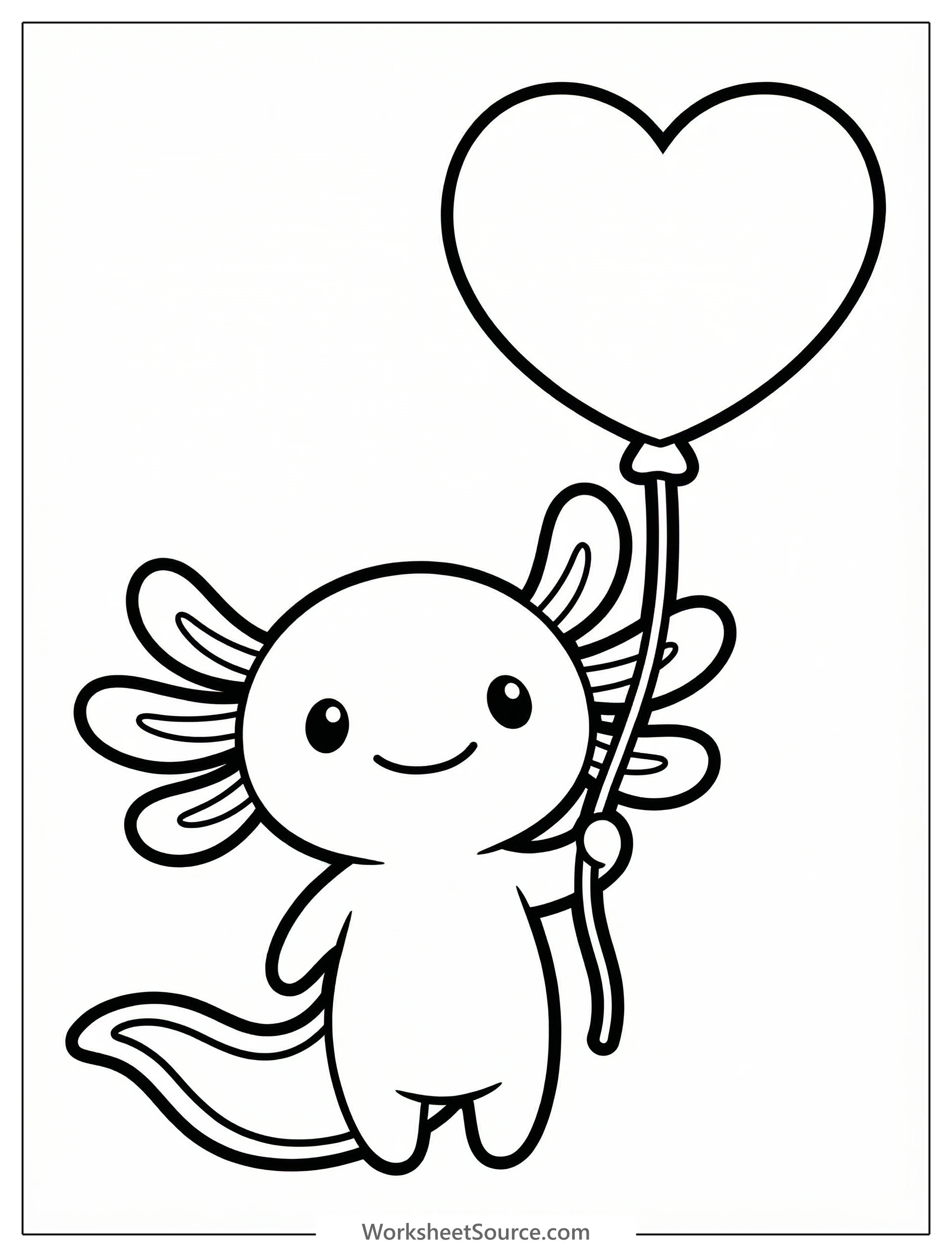 A cheerful pink axolotl, viewed from the side, holds a delicate string tied to a vibrant red heart shaped balloon. The axolotl has feathery gills and a sweet smile.