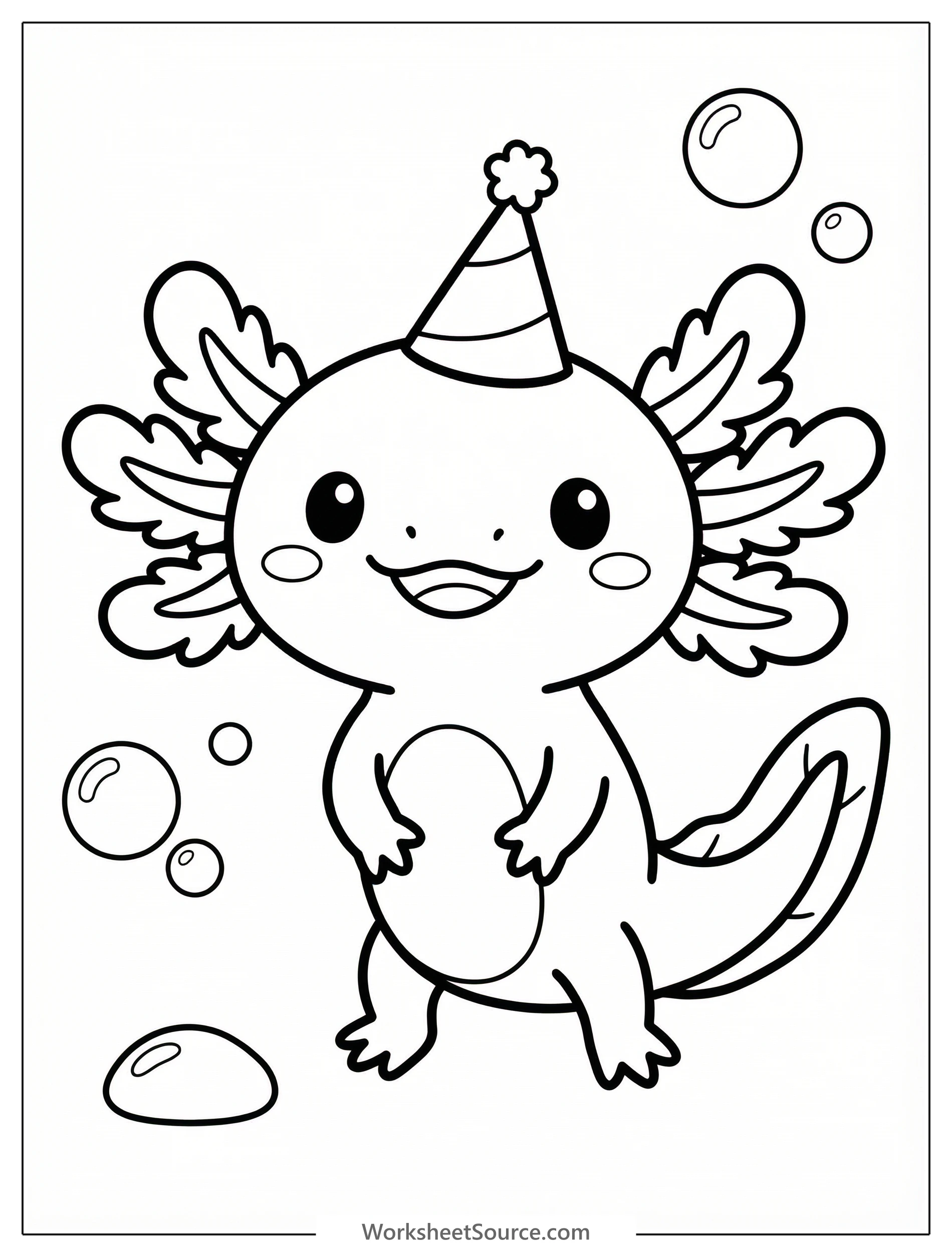 Line art drawing of a funny axolotl, a unique amphibian, wearing a small, festive party hat. The axolotl has a wide, happy smile.