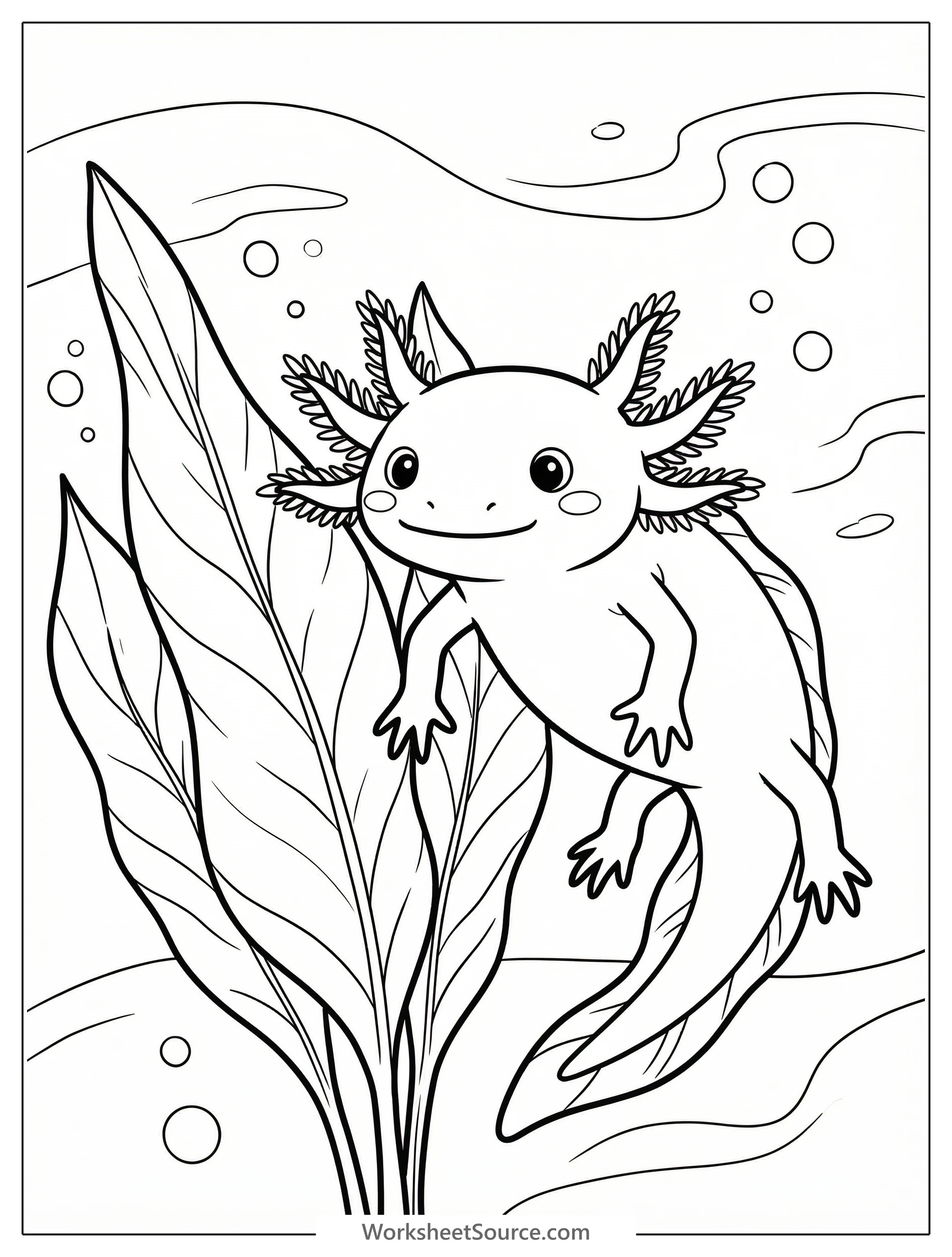Line art of a friendly anatomically correct axolotl with detailed gills, a wide smile, and feathery frills, swimming next to a large aquatic plant leaf.