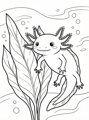 Line art of a friendly anatomically correct axolotl with detailed gills, a wide smile, and feathery frills, swimming next to a large aquatic plant leaf.