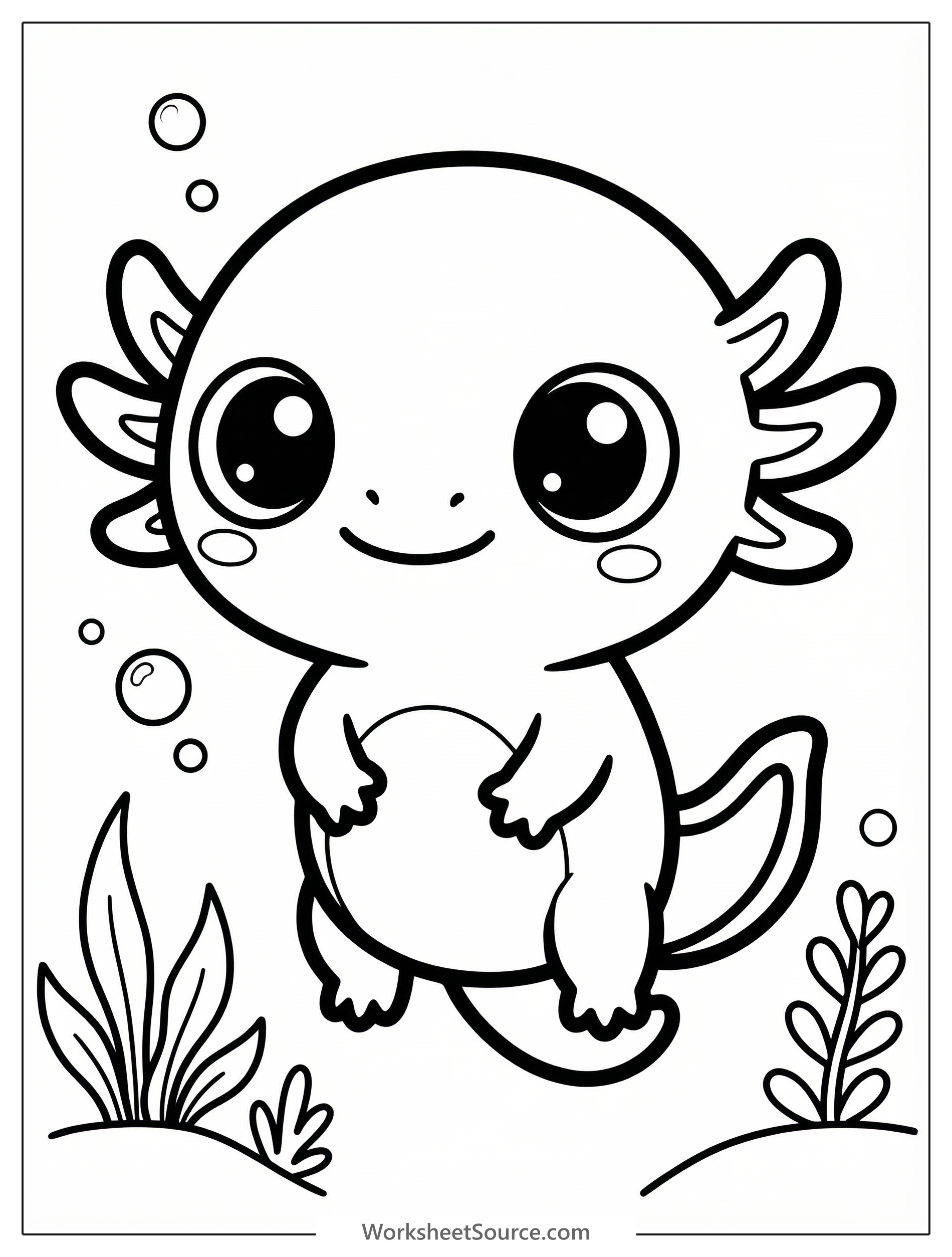 A sweet tiny baby axolotl with big expressive eyes and a gentle smile, cartoon style, featuring delicate gills and a flowing tail, ready for coloring.