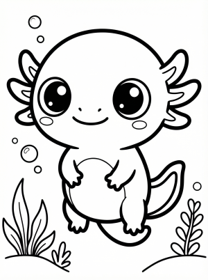 A sweet tiny baby axolotl with big expressive eyes and a gentle smile, cartoon style, featuring delicate gills and a flowing tail, ready for coloring.