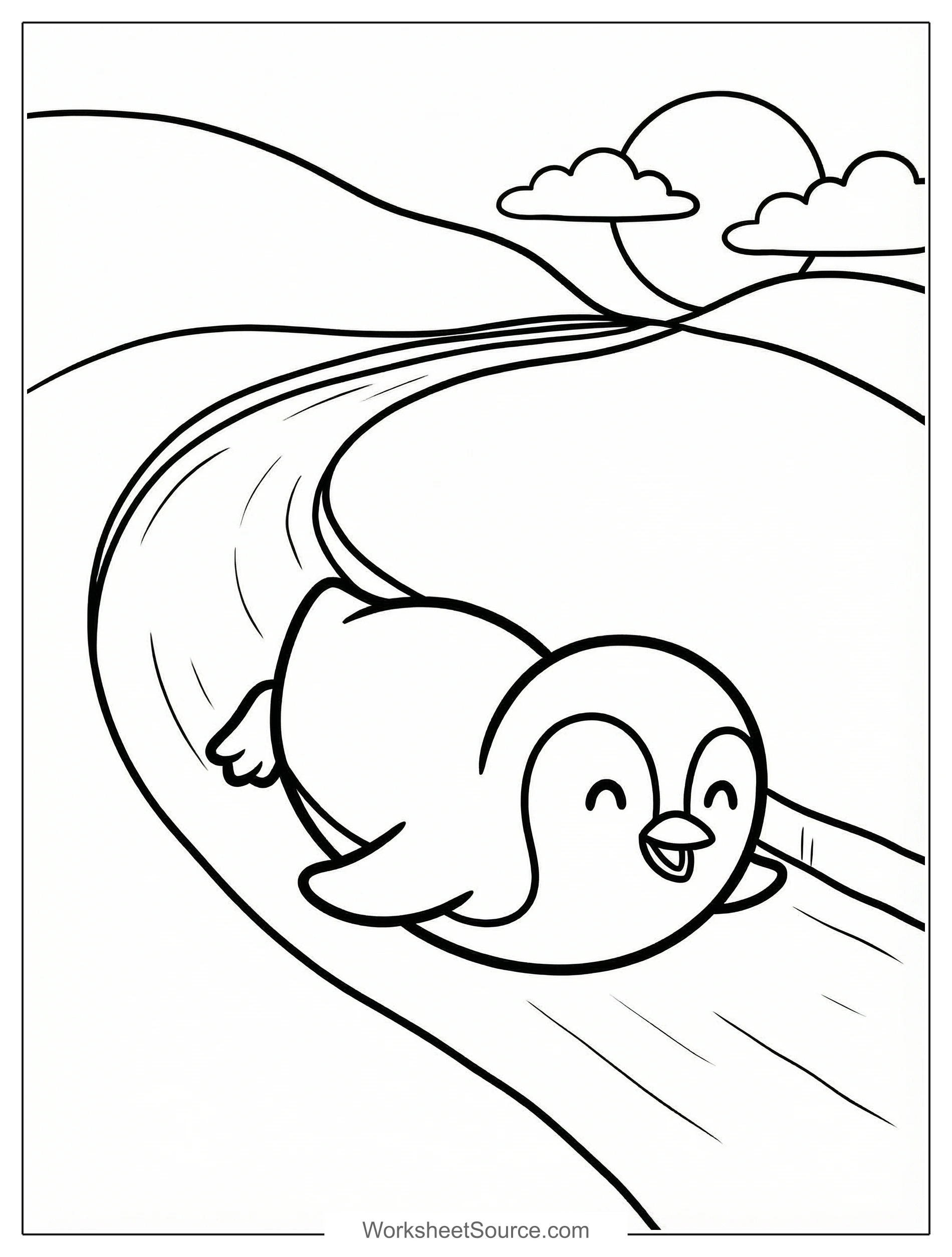 Free printable coloring page showing a cute penguin sliding on ice, perfect for kids to practice coloring and creativity