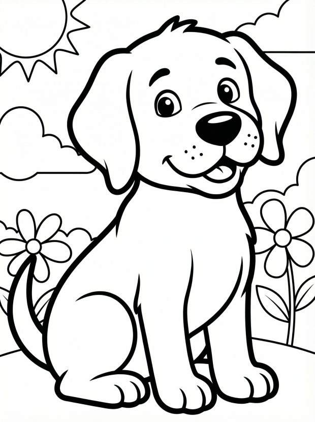 Free printable coloring page showing a big smiling dog sitting in a garden, perfect for kids to practice coloring and build confidence