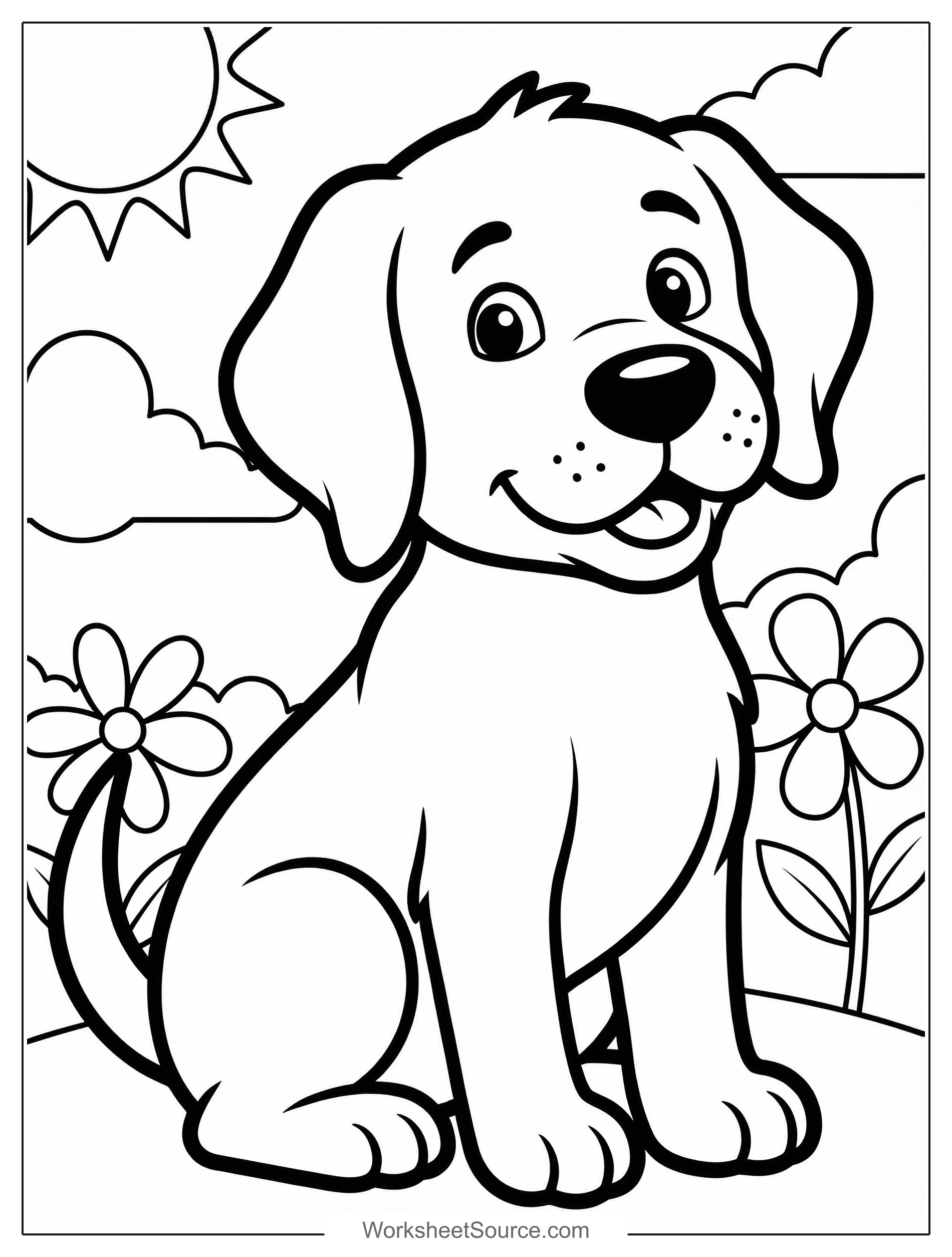 Free printable coloring page showing a big smiling dog sitting in a garden, perfect for kids to practice coloring and build confidence