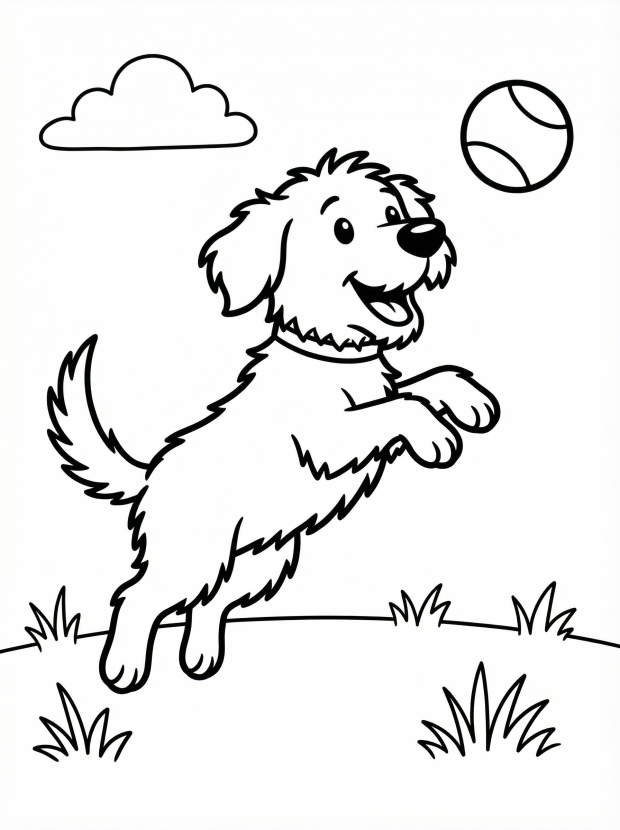 Free printable coloring page showing a dog catching a ball, perfect for kids to practice fine motor skills and creativity