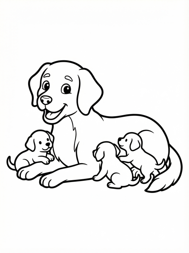 Free printable coloring page showing a mother dog with three playful puppies, perfect for kids to practice coloring and creativity