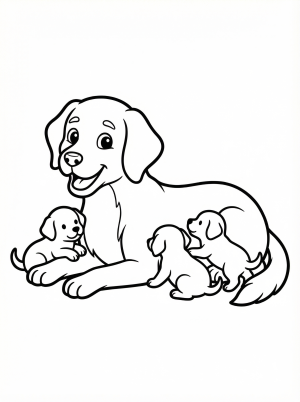 Free printable coloring page showing a mother dog with three playful puppies, perfect for kids to practice coloring and creativity