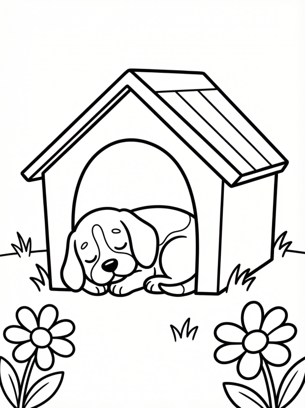 Free printable coloring page showing a sleeping dog in a doghouse, perfect for kids to practice coloring and creativity