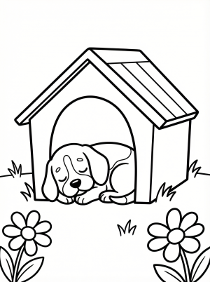 Free printable coloring page showing a sleeping dog in a doghouse, perfect for kids to practice coloring and creativity