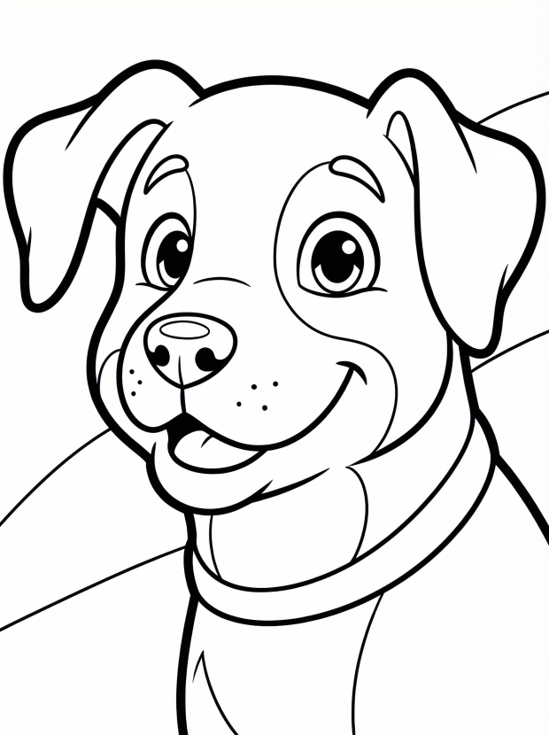 Free printable coloring page showing a happy dog portrait, perfect for kids to practice fine motor skills and creativity