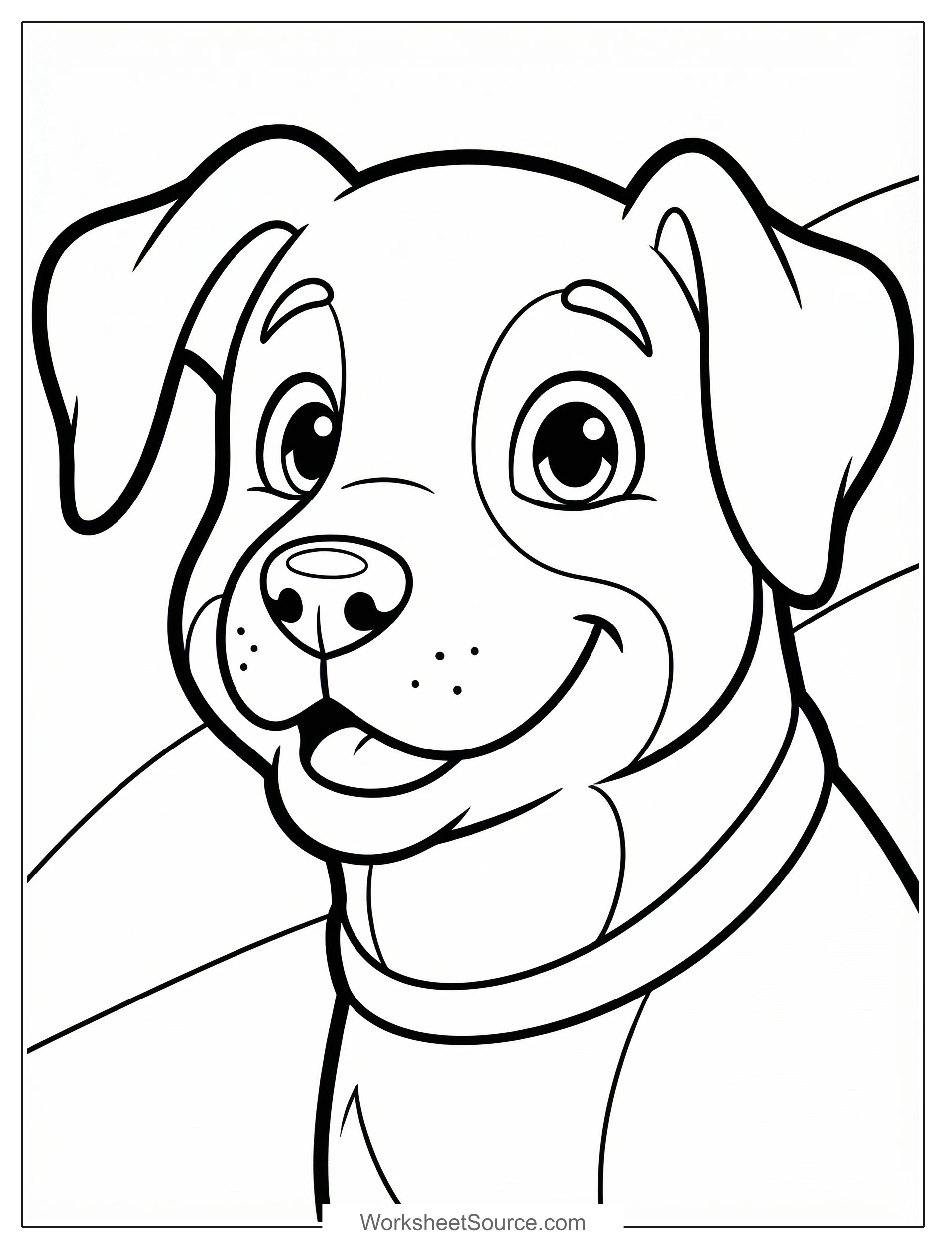 Free printable coloring page showing a happy dog portrait, perfect for kids to practice fine motor skills and creativity