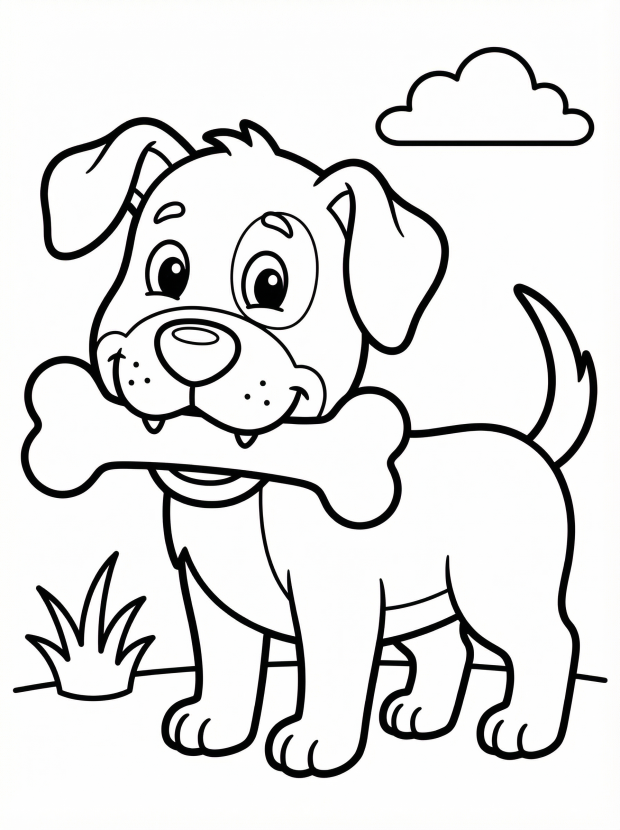 Free printable coloring page showing a happy dog holding a large bone, perfect for kids to practice coloring and fine motor skills.
