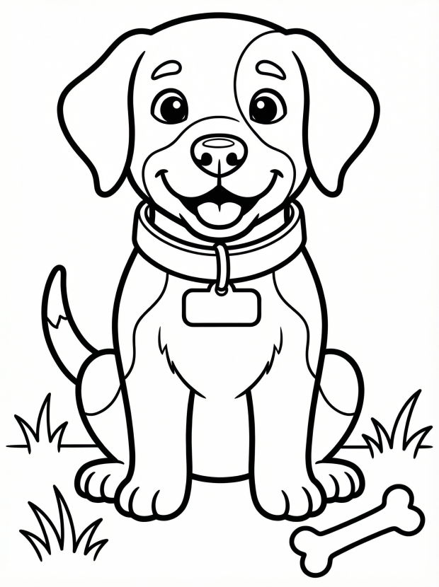 Free printable coloring page showing a happy dog with a collar and tag, perfect for kids to practice coloring and fine motor skills