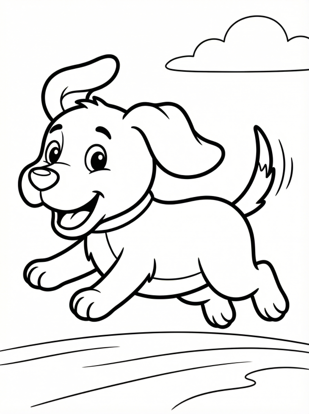 Free printable coloring page showing a happy running dog, perfect for kids to practice coloring and boost creativity