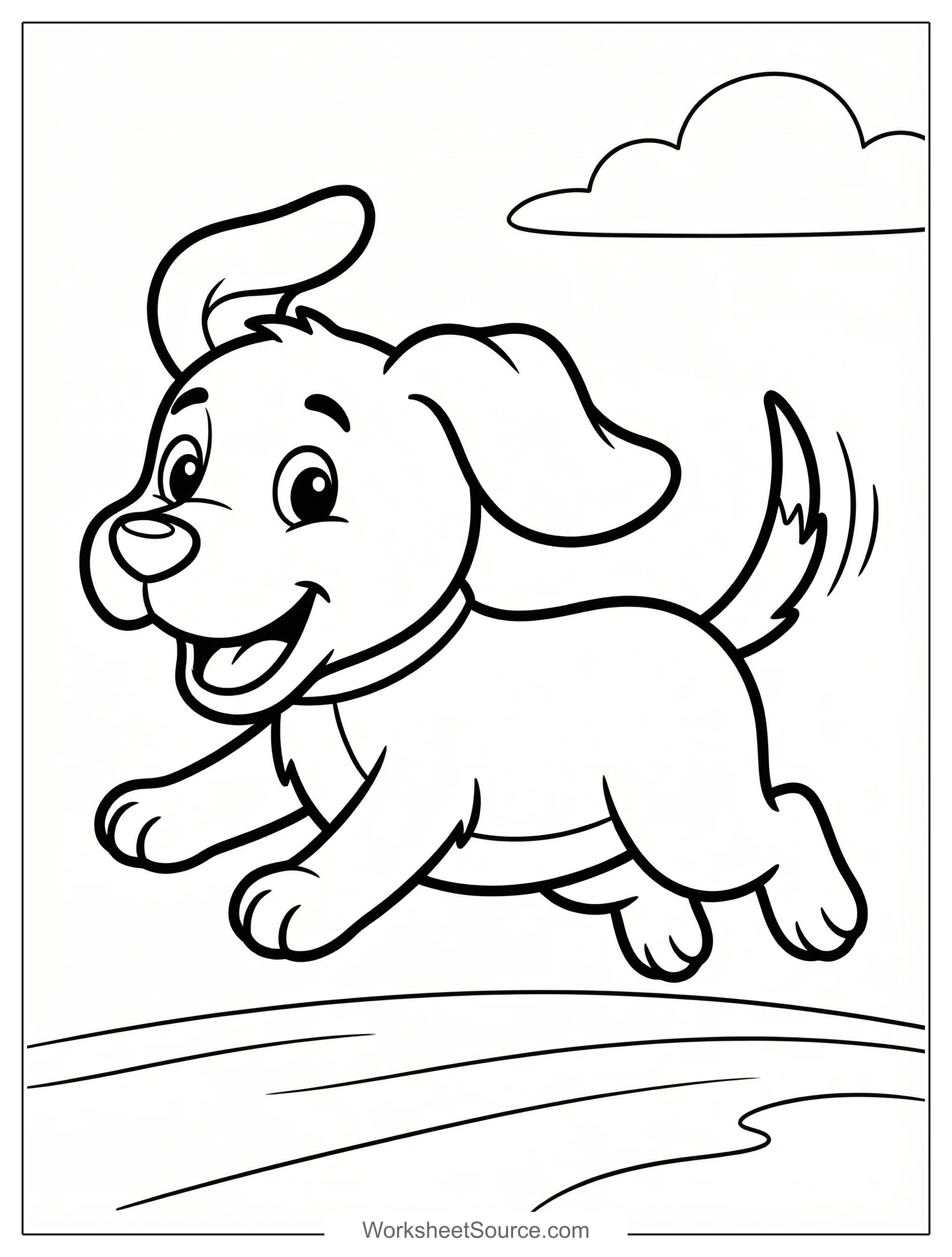 Free printable coloring page showing a happy running dog, perfect for kids to practice coloring and boost creativity