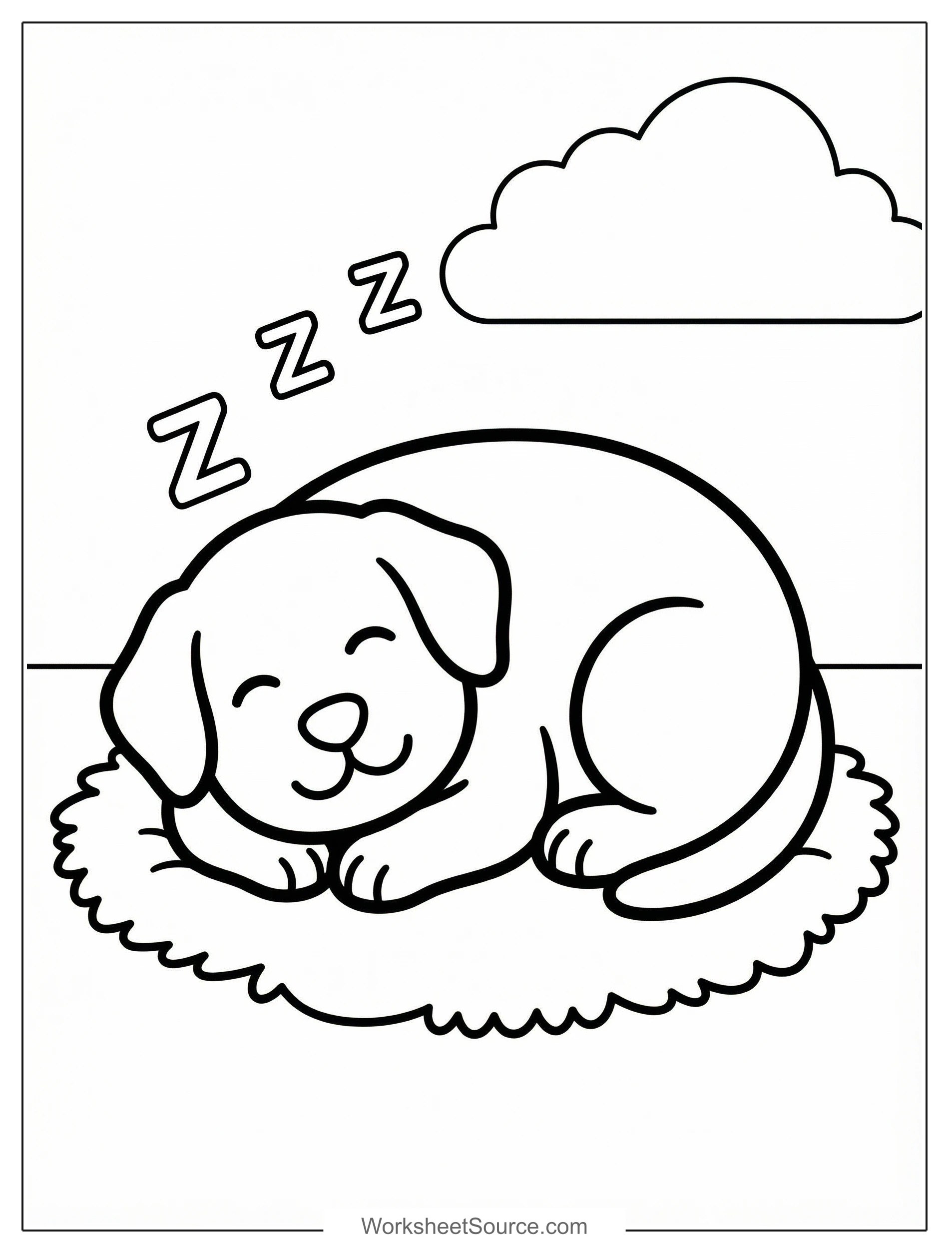 Free printable coloring page showing a sleeping puppy on a rug, perfect for kids to practice coloring and relax