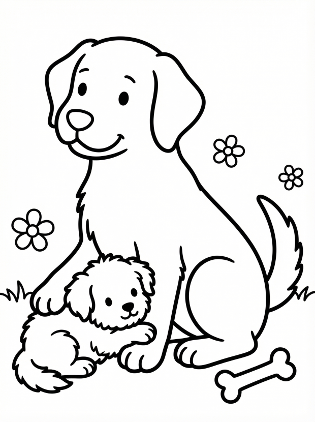 Free printable coloring page showing a small puppy and mother dog in a garden, perfect for kids to practice coloring and fine motor skills