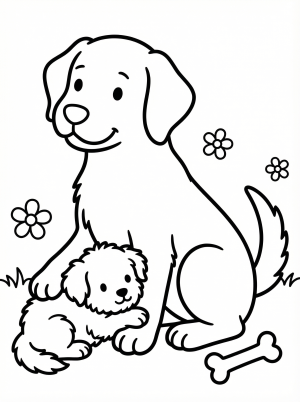 Free printable coloring page showing a small puppy and mother dog in a garden, perfect for kids to practice coloring and fine motor skills