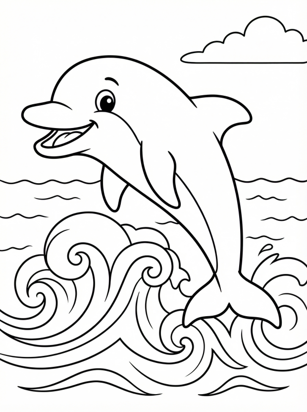 Free printable coloring page showing a happy dolphin jumping through waves, perfect for kids to practice coloring and creativity