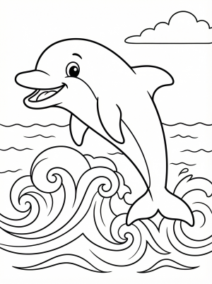 Free printable coloring page showing a happy dolphin jumping through waves, perfect for kids to practice coloring and creativity