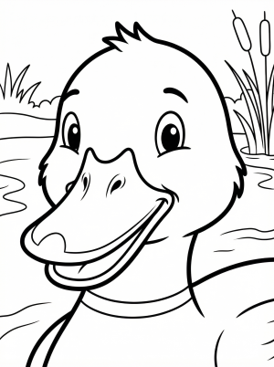Close up of an anatomically correct duck's face, showing intricate details of its bill, nostrils, and eye, ready for coloring.