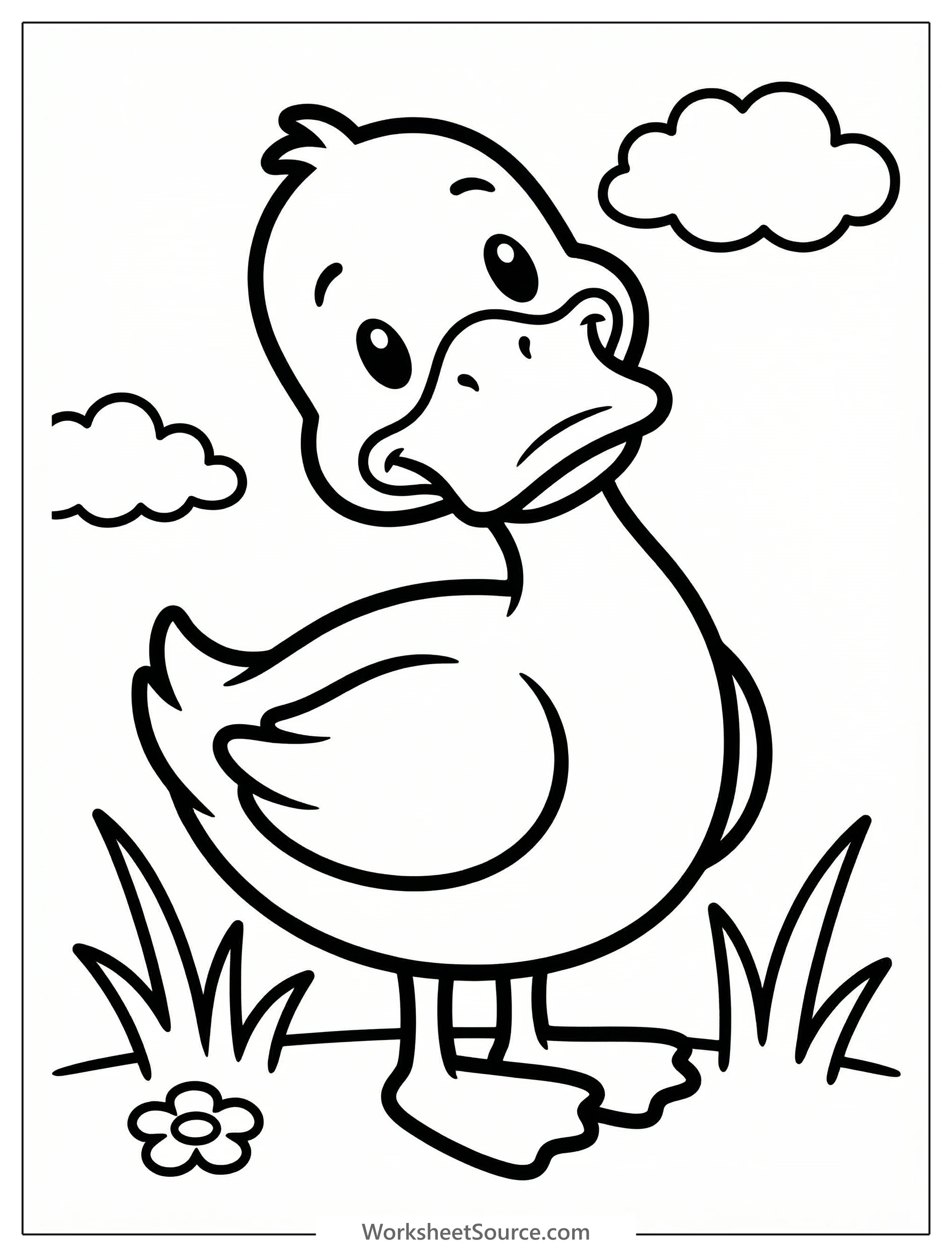 An outline drawing of an anatomically correct duck, standing with its head tilted to one side, depicting a curious and inquisitive expression.