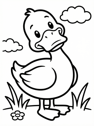 An outline drawing of an anatomically correct duck, standing with its head tilted to one side, depicting a curious and inquisitive expression.