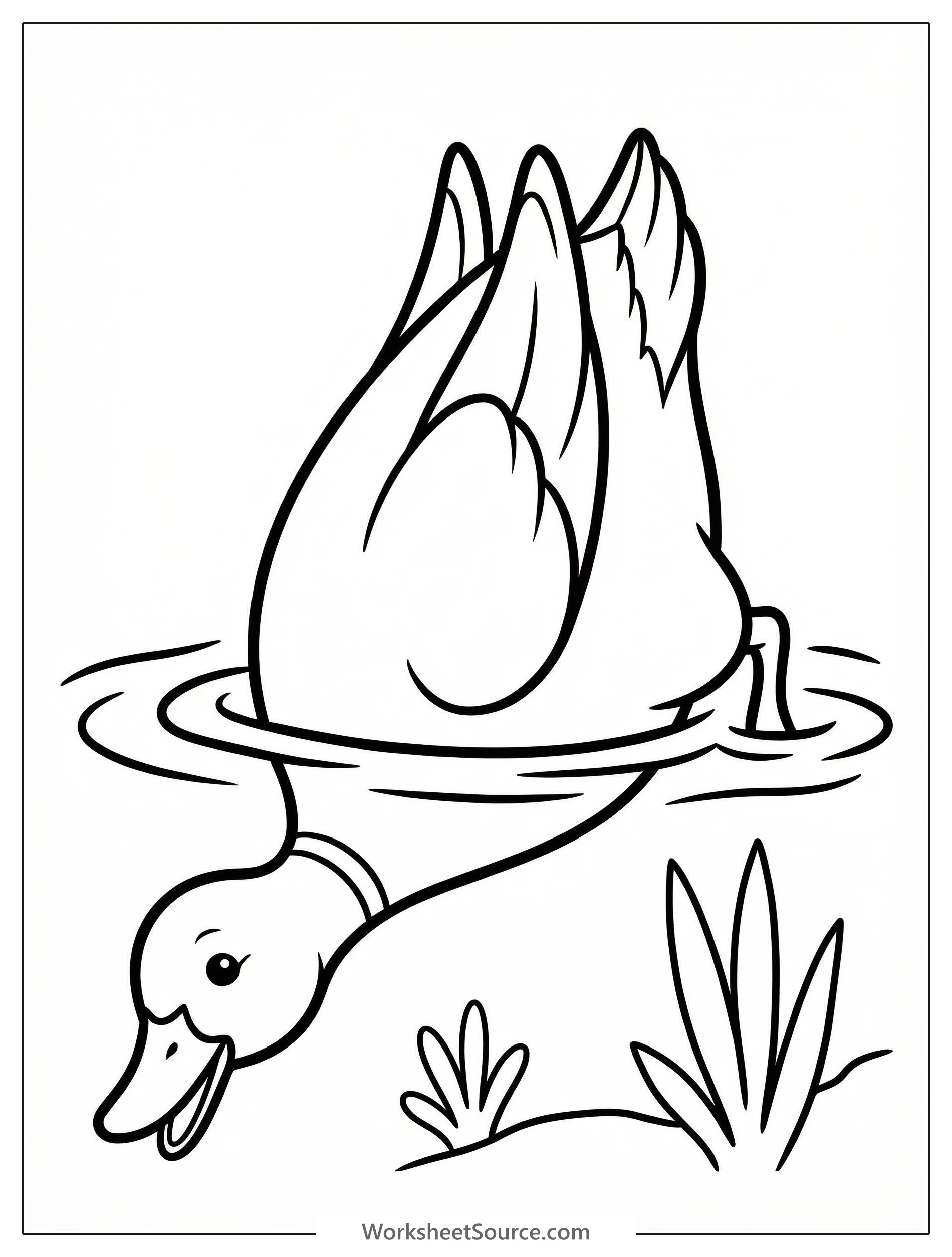 Line drawing of an anatomically correct duck with its head submerged underwater, tail feathers pointing upwards as it dabble for food.