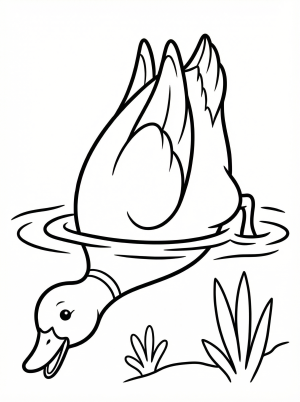 Line drawing of an anatomically correct duck with its head submerged underwater, tail feathers pointing upwards as it dabble for food.