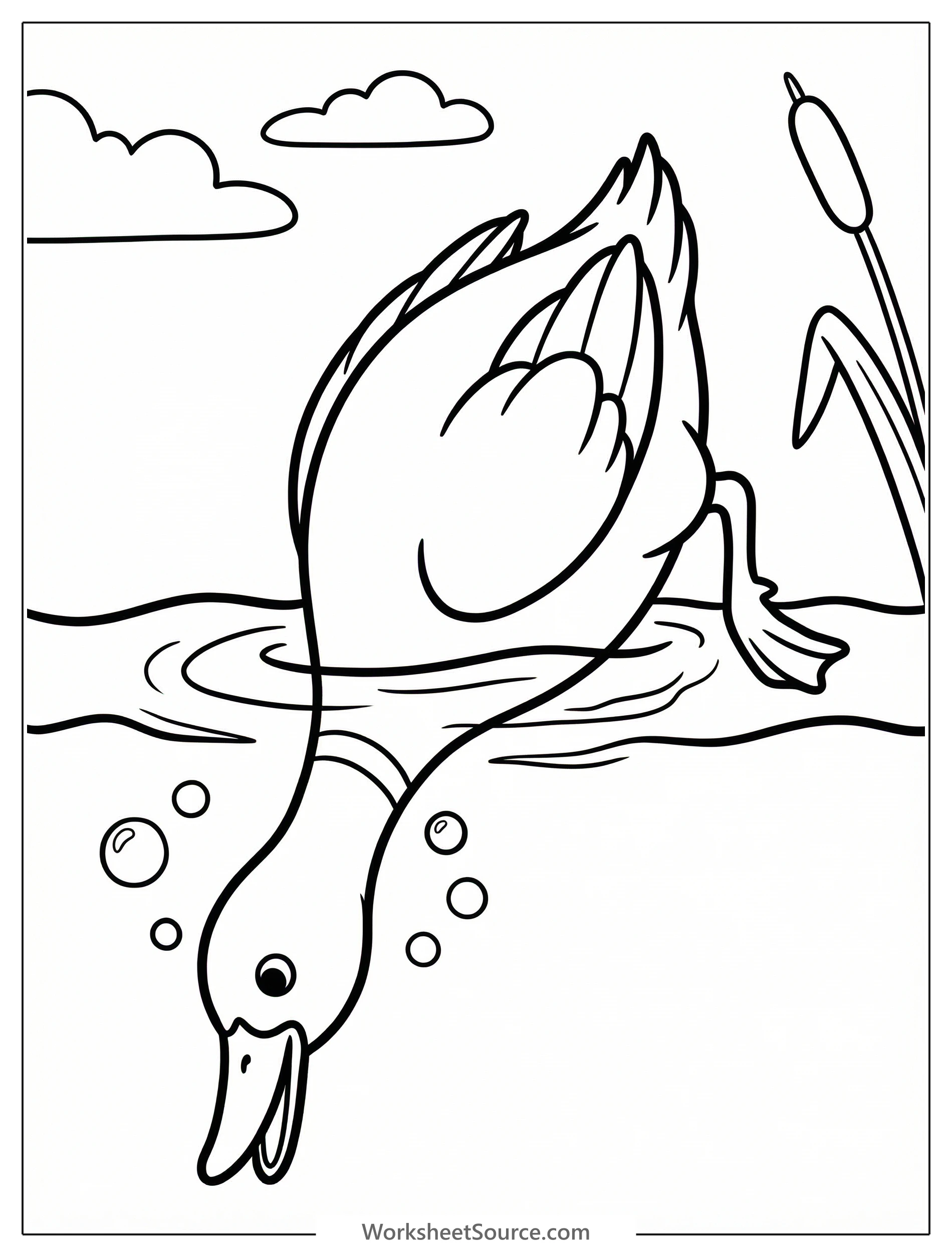 Outline drawing of an anatomically correct duck diving headfirst into water with its neck gracefully submerged below the surface line.