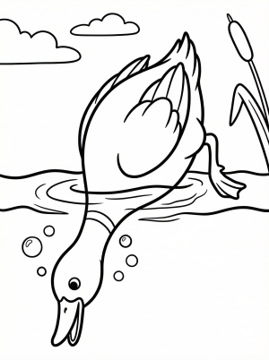 Outline drawing of an anatomically correct duck diving headfirst into water with its neck gracefully submerged below the surface line.