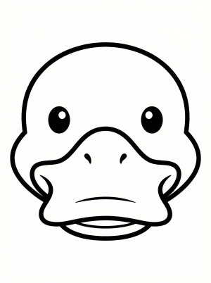 Outline drawing of an anatomically correct duck's face viewed from the front, featuring symmetrical eyes, nostrils, and bill ready for coloring.