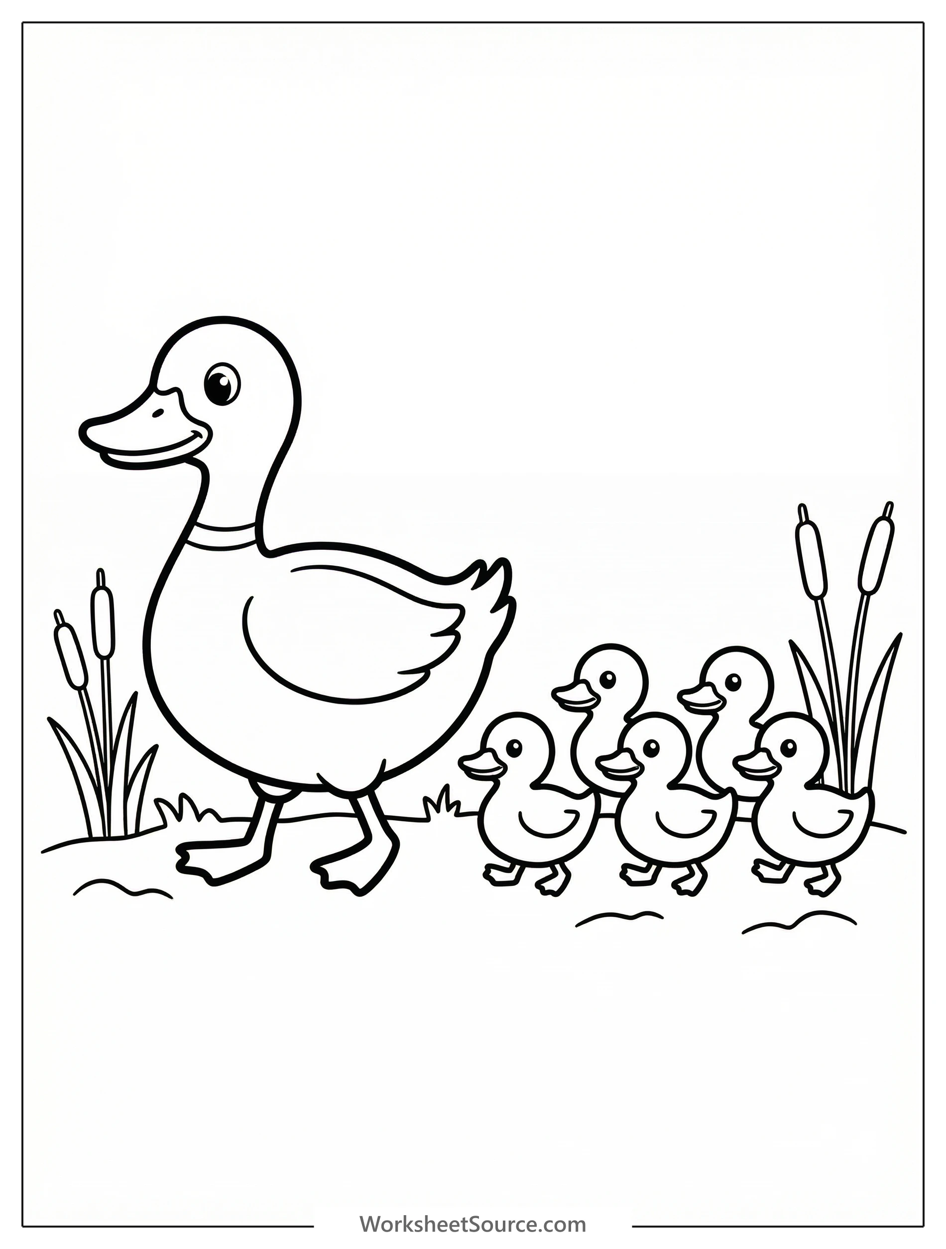Outline drawing of an anatomically correct mother duck leading five small ducklings single file across a pond or grassy area.