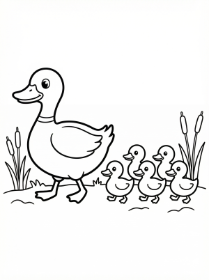 Outline drawing of an anatomically correct mother duck leading five small ducklings single file across a pond or grassy area.