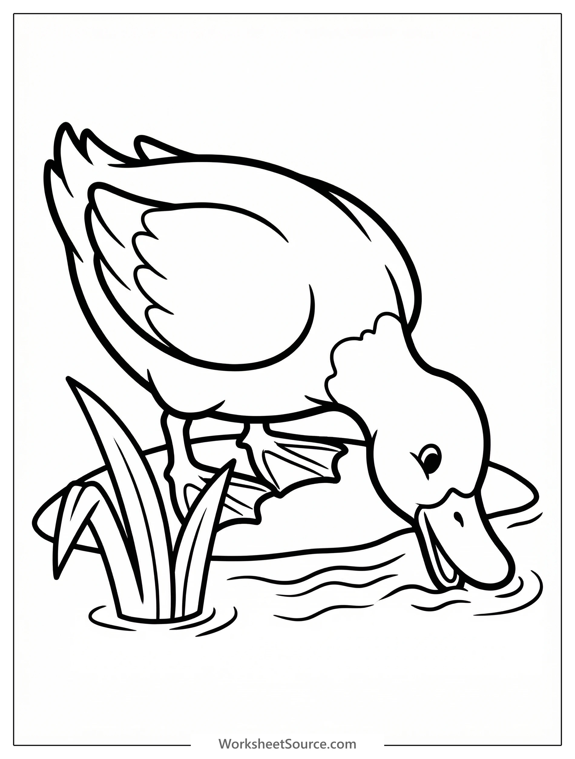 Outline drawing of an anatomically correct duck with its bill submerged in water or reaching for grass, depicted in a natural feeding posture.