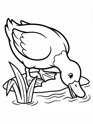 Outline drawing of an anatomically correct duck with its bill submerged in water or reaching for grass, depicted in a natural feeding posture.
