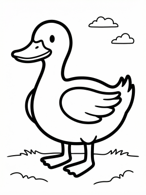 Line drawing of an anatomically correct full body duck showing its head, bill, eye, body, wings, tail, legs, and webbed feet in profile view.