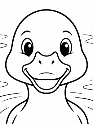 Black and white outline drawing of an anatomically correct duck head facing forward, clearly showing its bill, round eyes, and smoothly rounded crown, ready for coloring.