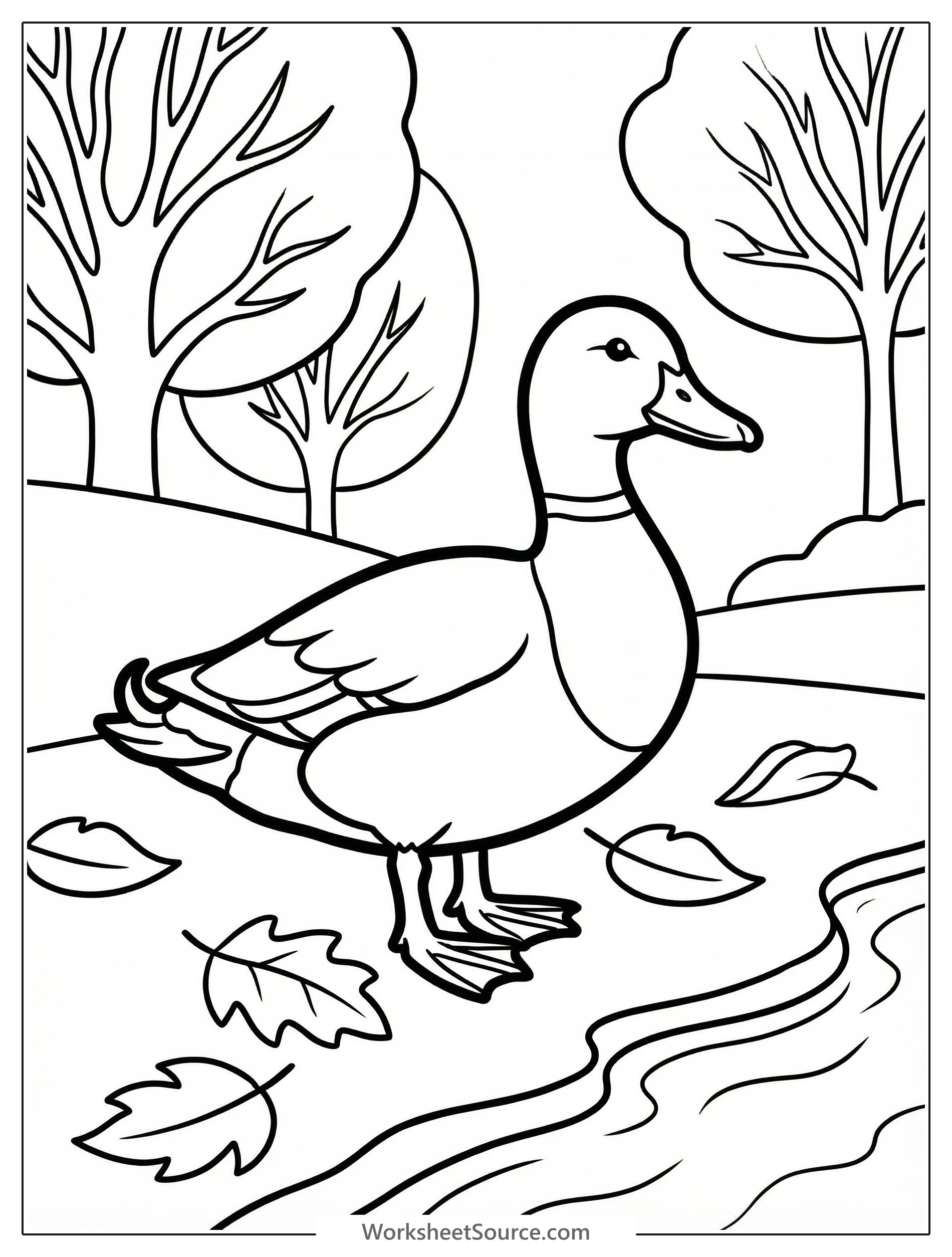 Line art coloring page of an anatomically correct duck standing near water with fallen autumn leaves surrounding it. The duck faces right.