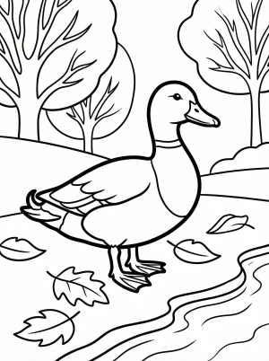 Line art coloring page of an anatomically correct duck standing near water with fallen autumn leaves surrounding it. The duck faces right.
