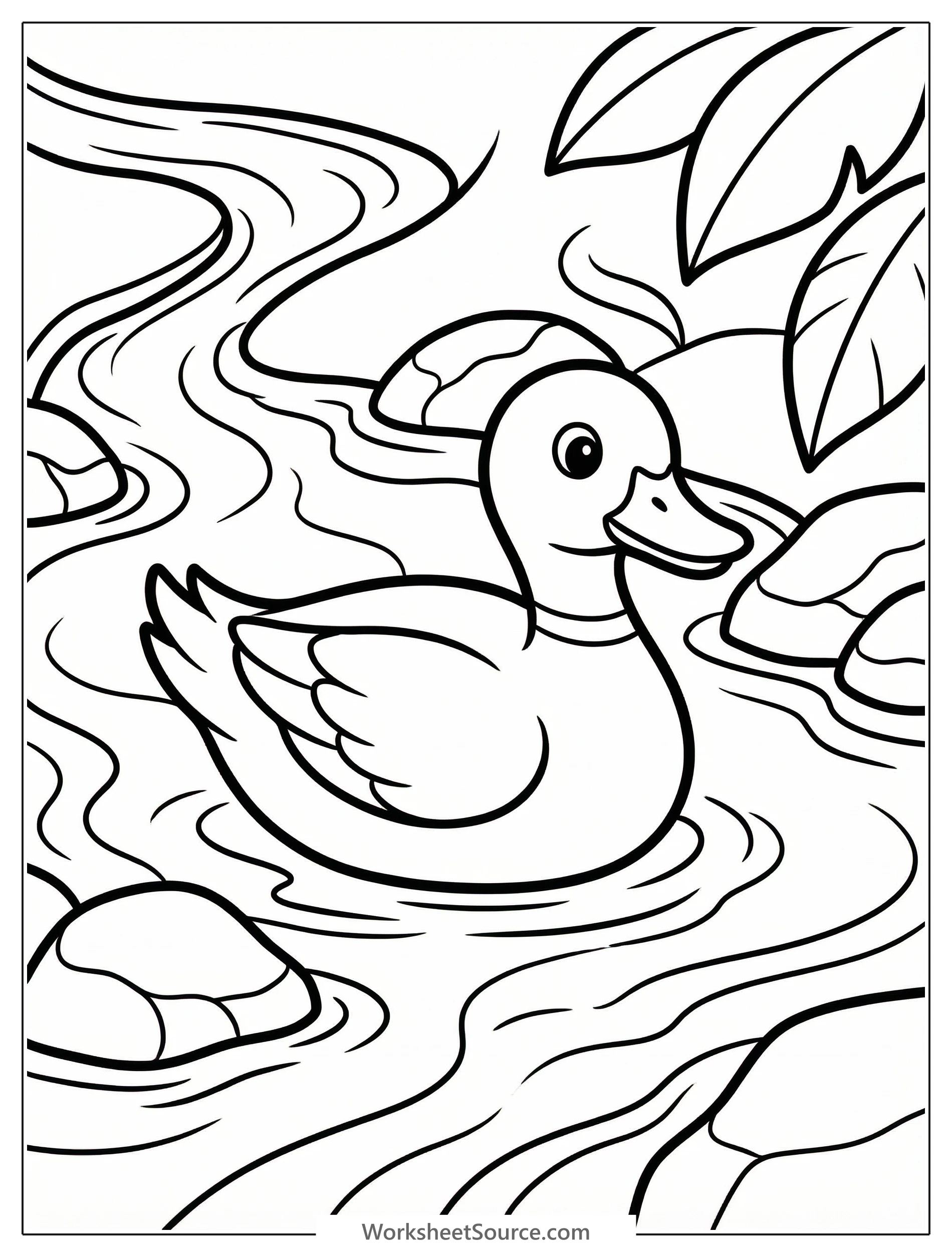 A detailed line art illustration of an anatomically correct duck swimming gracefully in a gentle stream, surrounded by flowing water and simple bank textures.