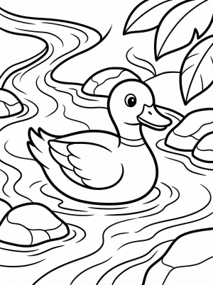 A detailed line art illustration of an anatomically correct duck swimming gracefully in a gentle stream, surrounded by flowing water and simple bank textures.