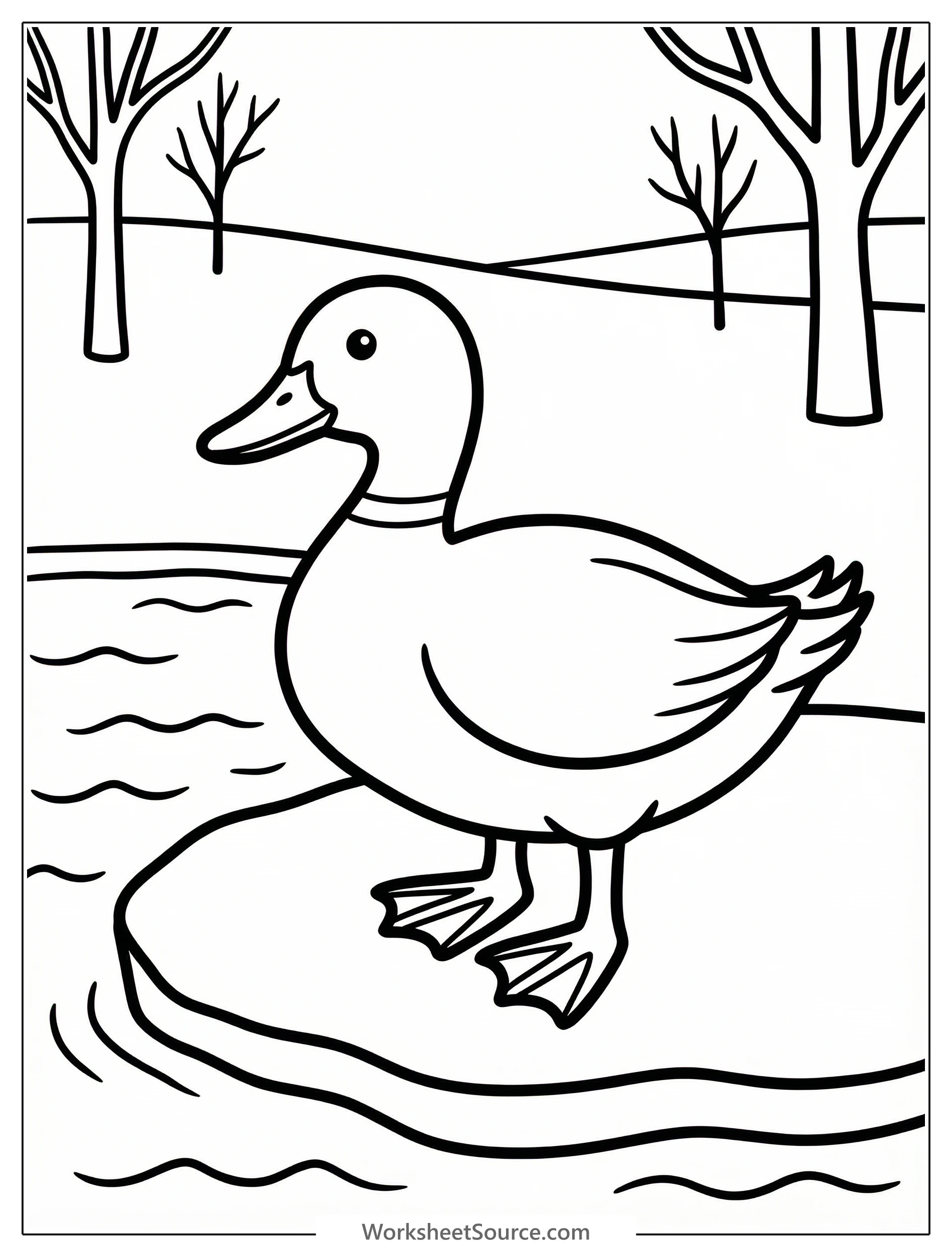 Anatomically correct duck standing on the edge of a partly frozen pond, featuring detailed feathers and webbed feet, ideal for coloring.