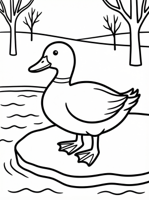 Anatomically correct duck standing on the edge of a partly frozen pond, featuring detailed feathers and webbed feet, ideal for coloring.