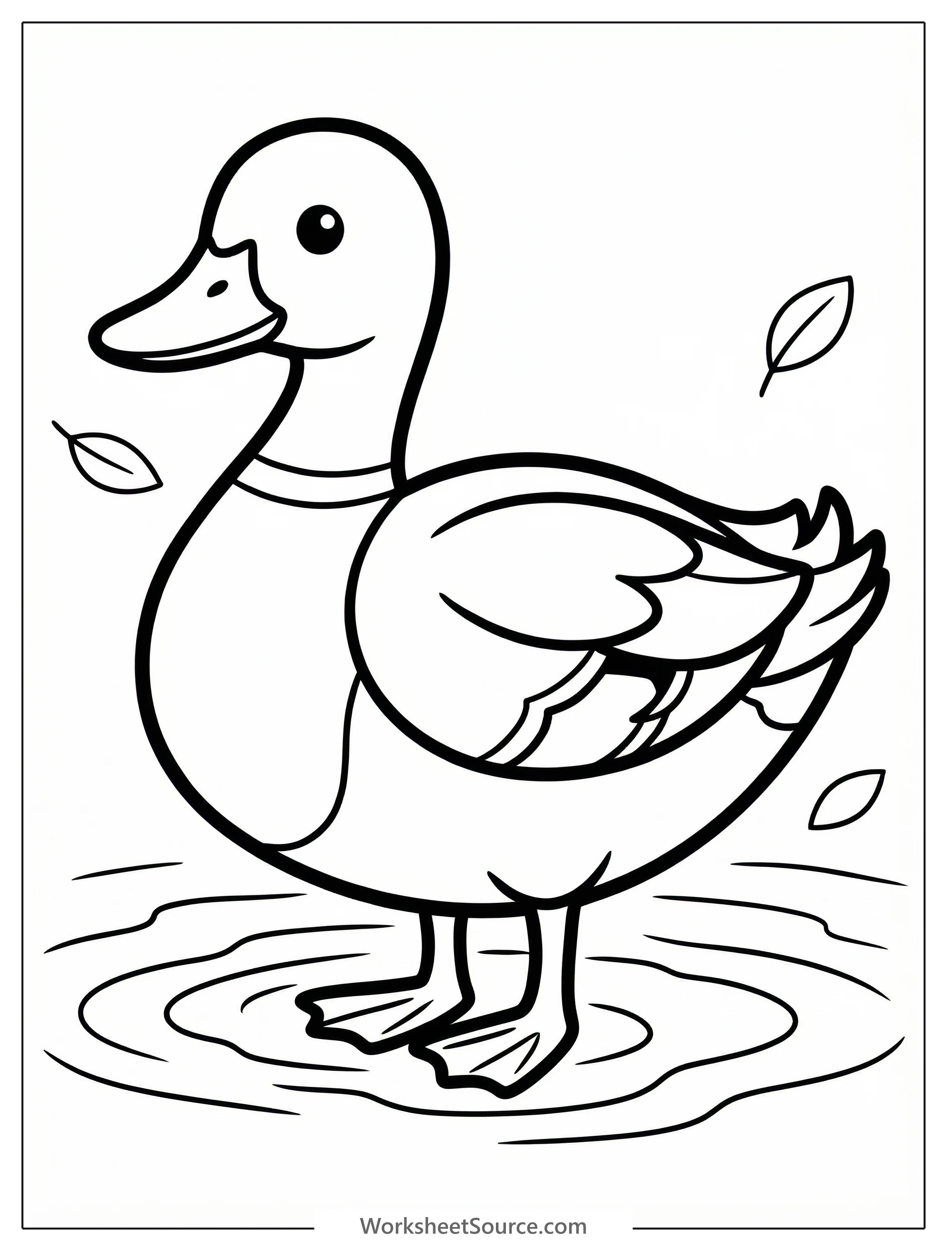 Anatomically correct outline of a female mallard duck, or hen, standing with mottled brown plumage and a detailed bill, ready for coloring.