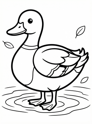 Anatomically correct outline of a female mallard duck, or hen, standing with mottled brown plumage and a detailed bill, ready for coloring.